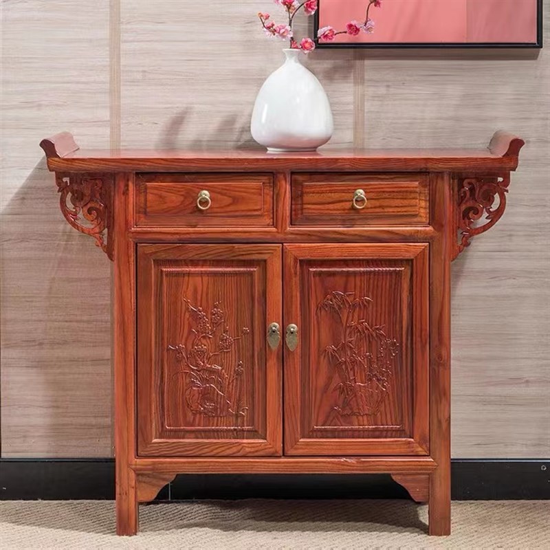 实木餐边柜明清新中式家俱榆木鞋柜翘头玄关柜雕花镂空新款斗柜