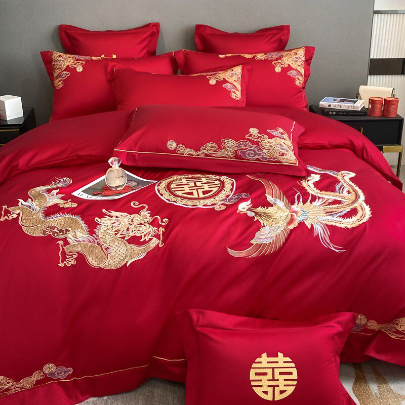 高端亲肤棉刺绣婚庆四件套v结婚床单大红床笠款喜被新婚床上用品
