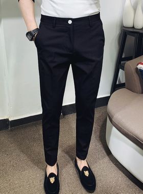春夏裤子男休闲裤男士黑色长裤韩版简约百搭修身小脚九分西裤纯色