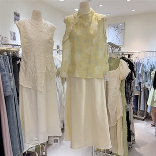 新中式国风马甲女夏盘扣提花棉纱坎肩薄款+吊带连衣裙缎面套装