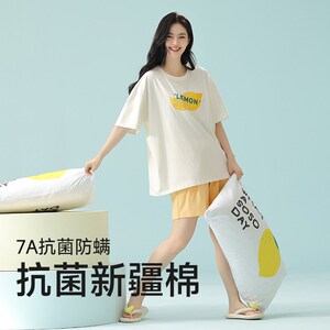 睡衣女士夏季纯棉短袖短裤可外穿薄款全棉休闲简约柠檬家居服套装