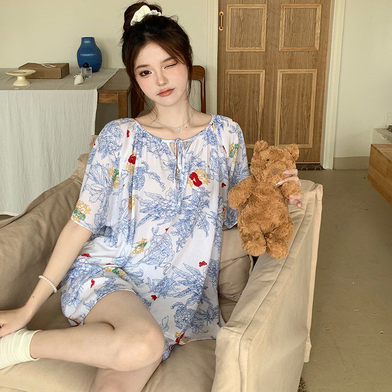 凉快莫奈花园棉绸睡衣女款2024新款夏薄款短袖短裤V印花家居服套