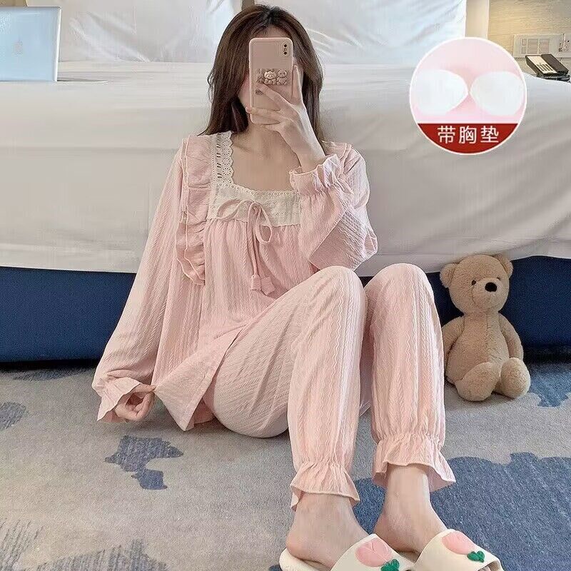 公主风睡衣女款春秋季纯棉长袖带胸垫F甜美少女粉色夏天家居服套