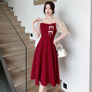 小个子连衣裙 结婚回门便装 新娘敬酒服红色纱袖 日常可穿礼服法式