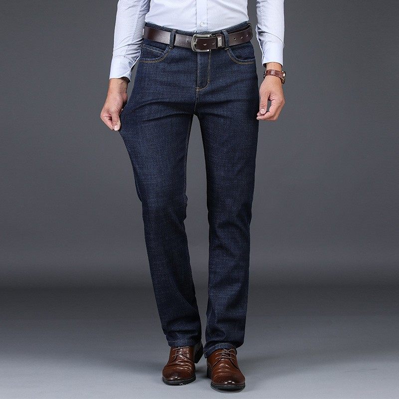 冬季加绒牛仔裤男中年直筒宽松高腰中老年爸爸保暖加厚男裤秋冬款