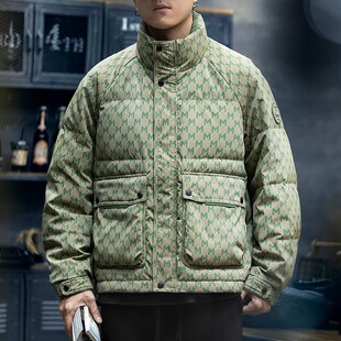 美式工装羽绒服男款冬季2024新款潮牌印花短款立领面包服羽绒外套