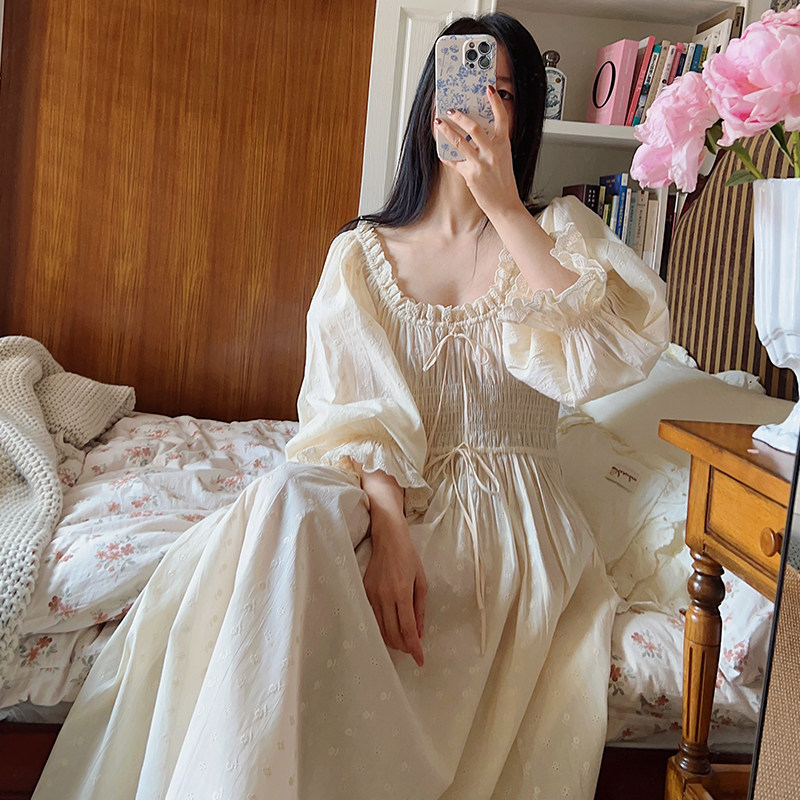 法式高贵全棉刺绣长版公主v睡裙女春秋纯棉长袖复古宫廷仙女风睡