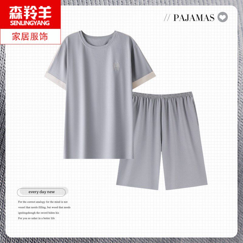 睡衣男士夏季中年爸爸纯棉薄款短袖短裤套装M休闲套头可外穿家居