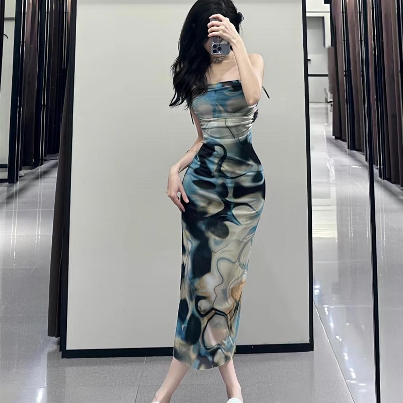 ZA女装夏季2023 设计感露肩显瘦印花绢网抹胸连衣裙 5039207 400