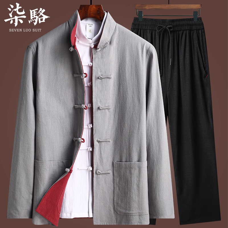 唐装男套装纯棉麻中国风改良中式外套中年汉服男士茶禅服春秋长袖