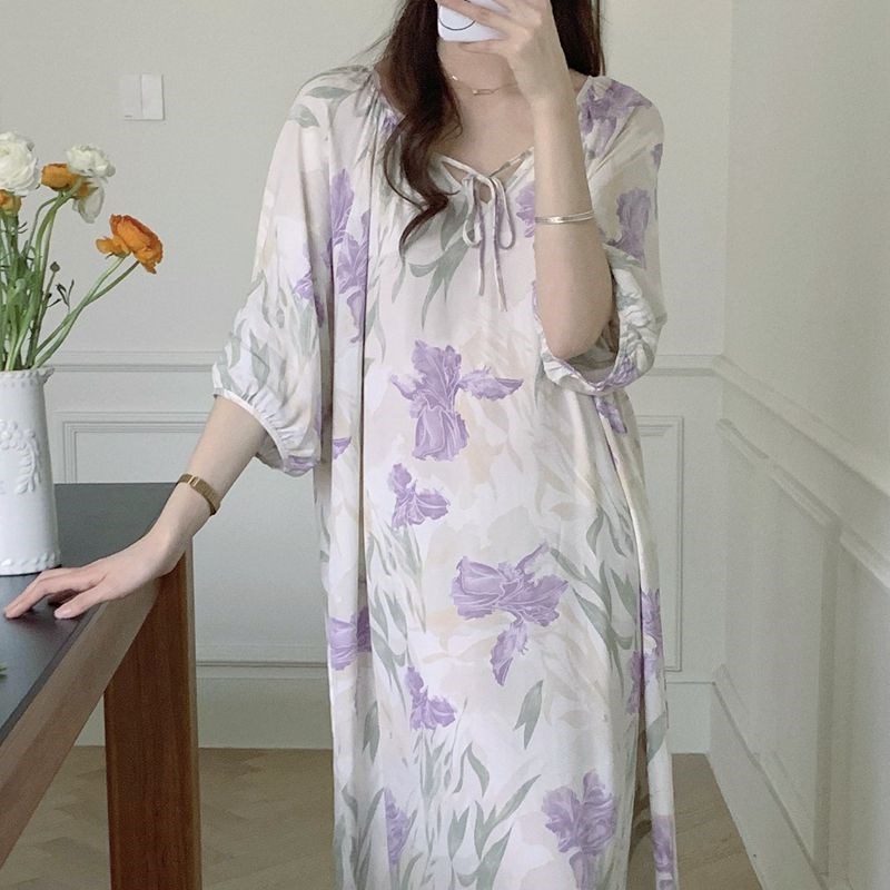 睡衣女夏网红风棉绸夏季薄款长裙子甜美日系睡裙大码人造棉睡衣裙
