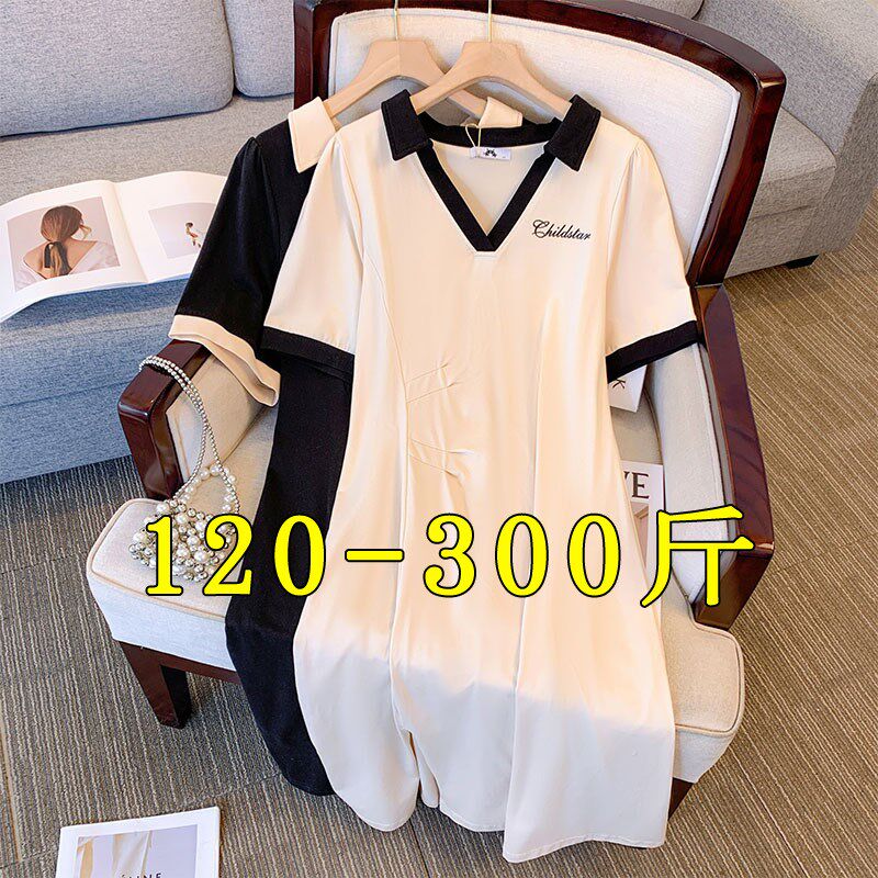 300斤特大码短袖T恤连衣裙女200胖mm夏季宽松休闲显瘦V领长裙子薄