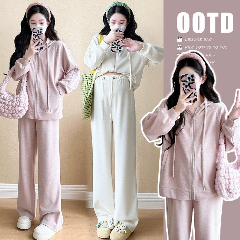 孕妇秋款慵懒套装2024新款春秋装韩版连帽卫衣上衣裤子休闲两件套