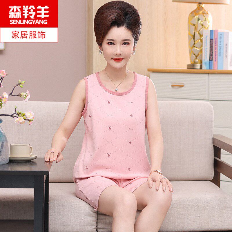 夏季睡衣女纯棉薄k款背心无袖短裤中年人妈妈加大码休闲家居服套