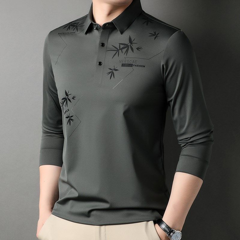 冰丝滑料t恤男长袖翻领印花潮流体恤2023年新款中年爸爸春装上衣