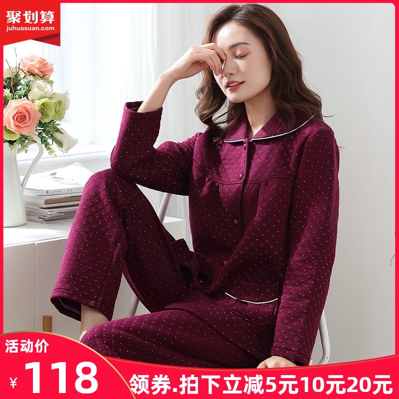 夹棉女睡衣薄款春k秋冬季纯棉空气夹层棉袄中老年加厚棉家居服套