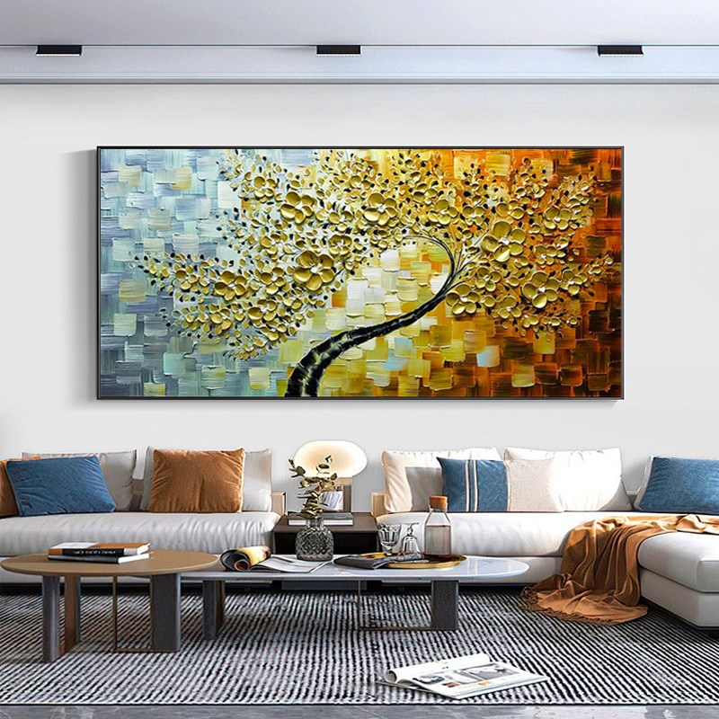 客厅装饰画金色发财树手绘v油画沙发背景墙横版壁画简约卧室抽象图片