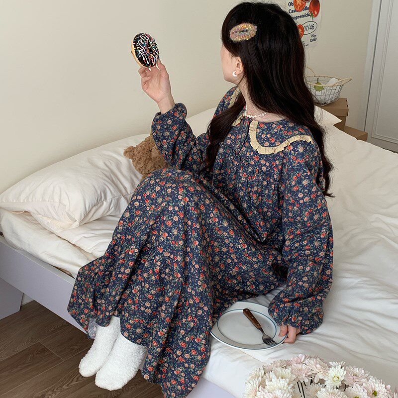 韩国小碎花森系磨毛纯棉睡v裙女秋冬款长款睡衣裙全棉家居服可外