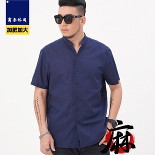 宽松薄款短袖衬衫男胖人亚麻棉质加肥加大码衬衣胖子男士棉麻半袖
