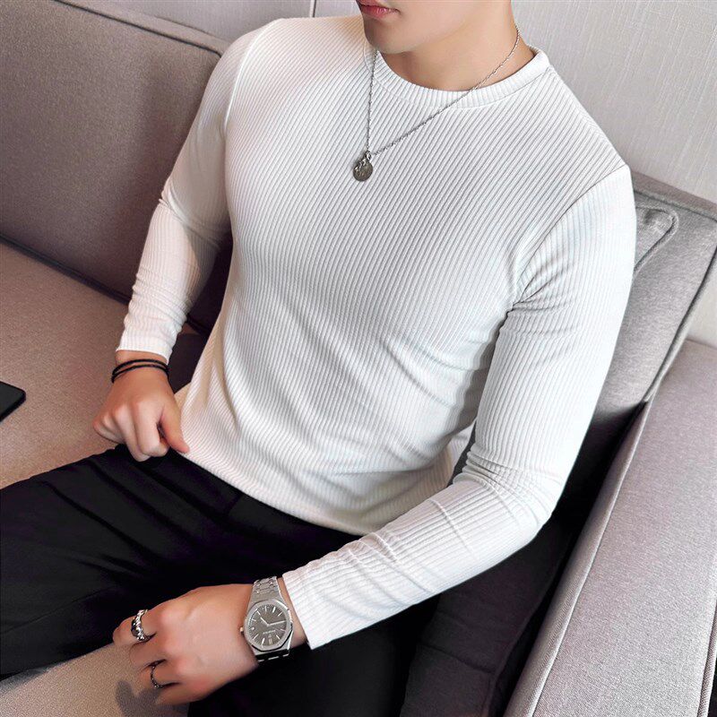 高级感长袖T恤男潮牌内搭圆领修身弹力T恤螺纹韩版潮流内穿打底