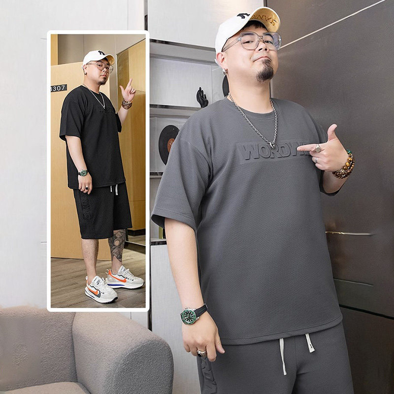 大尺码夏季宽松休闲短袖T恤短裤套装男胖子加肥加大宽松两件式套