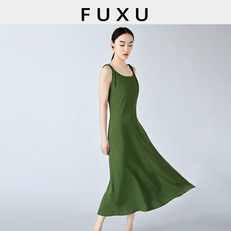 芙蕖FUXU 醋酸立裁小绿裙中长款低领吊带扭结连衣裙优雅度假风夏