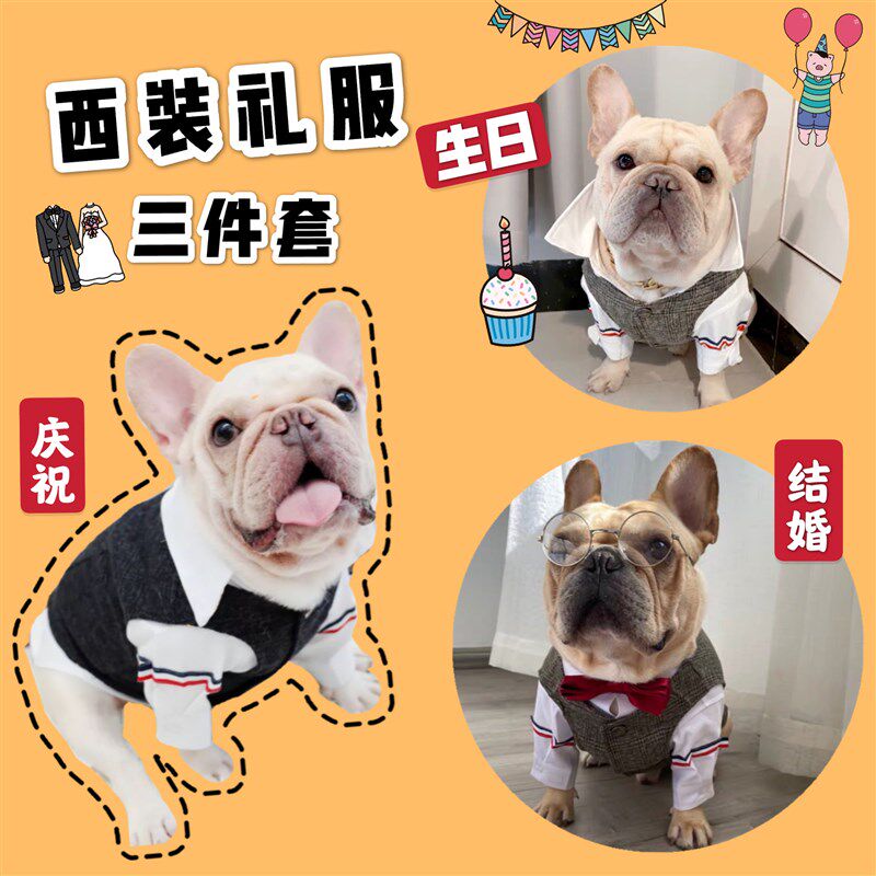 宠物狗狗西装三件套 狗狗结婚礼服西装 衬衫马甲 法斗雪纳瑞衣服