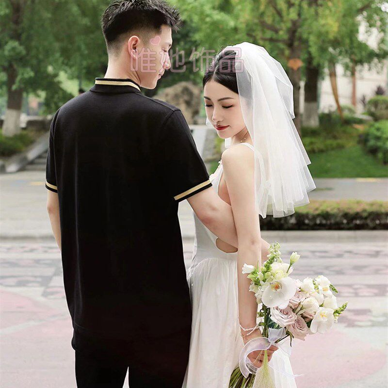 头纱领证鱼尾婚纱求婚复古森系简约摄影拍照法式婚礼出门纱蓬蓬纱