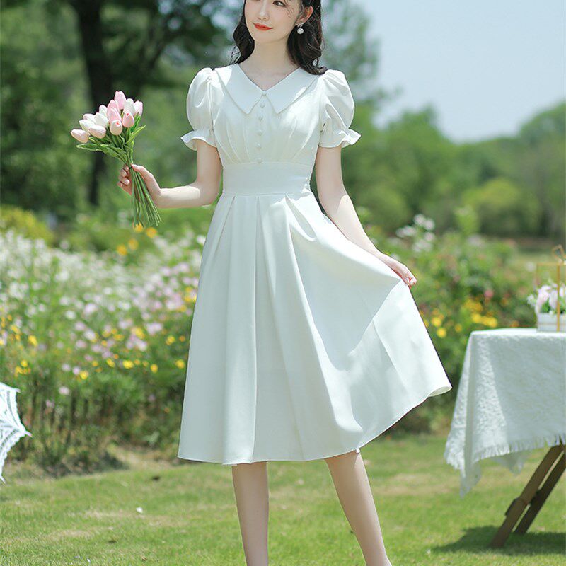 登记领证白色晚礼服女2023日常伴娘服订婚中长款泡泡袖连衣裙女