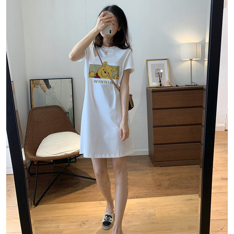 白色长裙连衣短裙慵懒风夏季设计感圆领显瘦中长款纯棉短袖T恤女