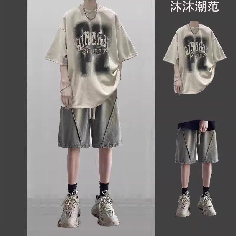 美式复古纯棉T恤男夏季2024新款套装潮牌男装一整套搭配圆领短袖