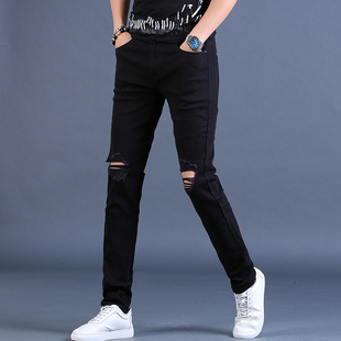 夏季薄款乞丐破洞黑色牛仔裤男修身小脚长裤休闲潮牌裤子韩版潮流