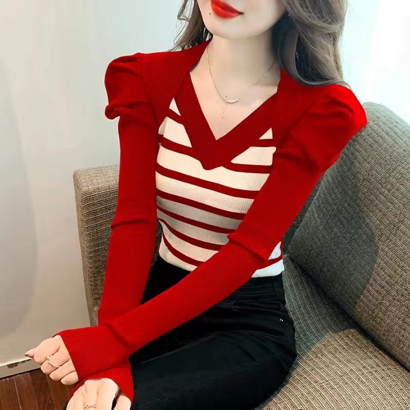 撞色条纹v领针织衫女秋冬新款洋气时尚套头泡泡袖修身打底毛衣女