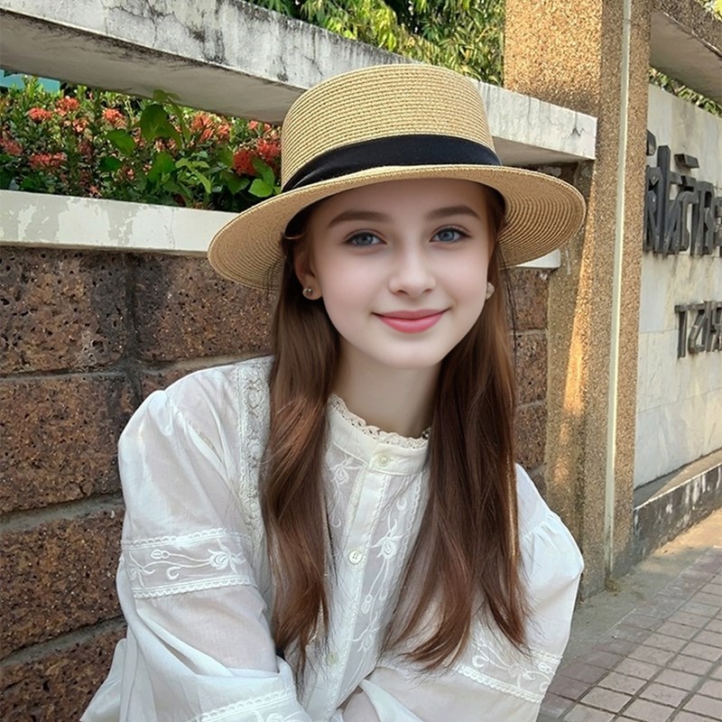 法式赫本风平顶草帽女夏2024新款大檐防晒遮阳海边沙滩凉帽子礼帽