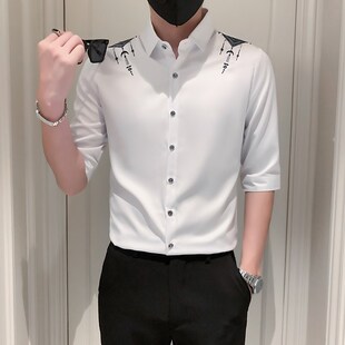 夏季五分短袖中袖衬衫男士修身高级垂感休闲上衣半袖潮流衬寸衣服