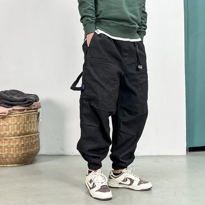 美式休闲多口袋弹性宽松工装裤男潮流青年条纹哈伦裤大码束脚裤子