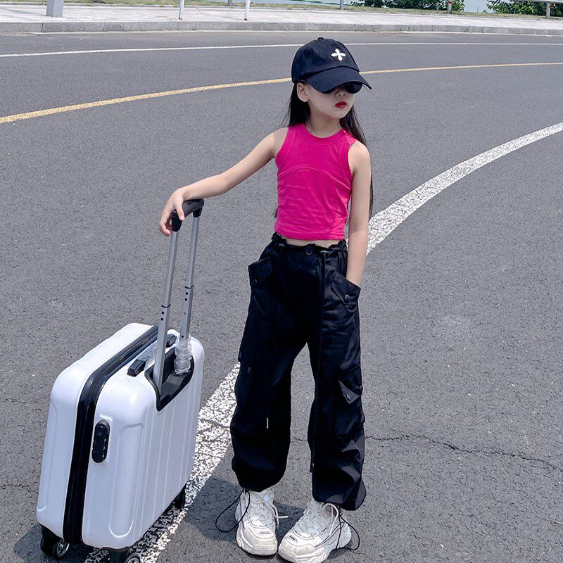 女童工装裤夏季薄款2024新款儿童黑色宽松夏装女大童炸街休闲裤子