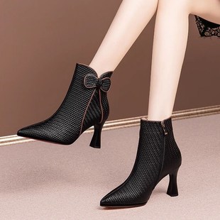 2024新款秋冬季全羊皮女士皮鞋高跟女短靴软皮软底真皮靴子女棕色