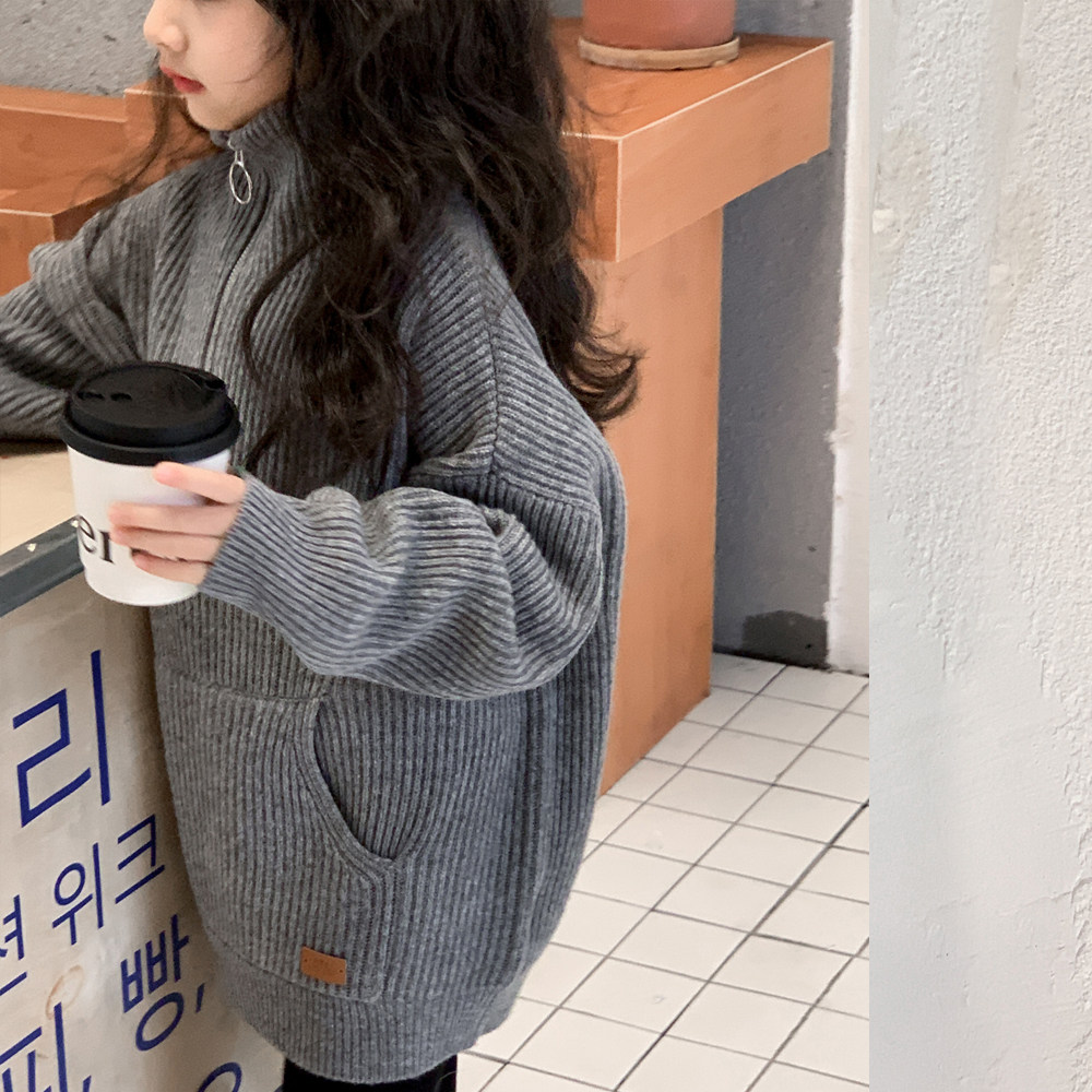 女童毛衣半拉链高领套头针织衫洋气2024新款秋装日系儿童翻领上衣