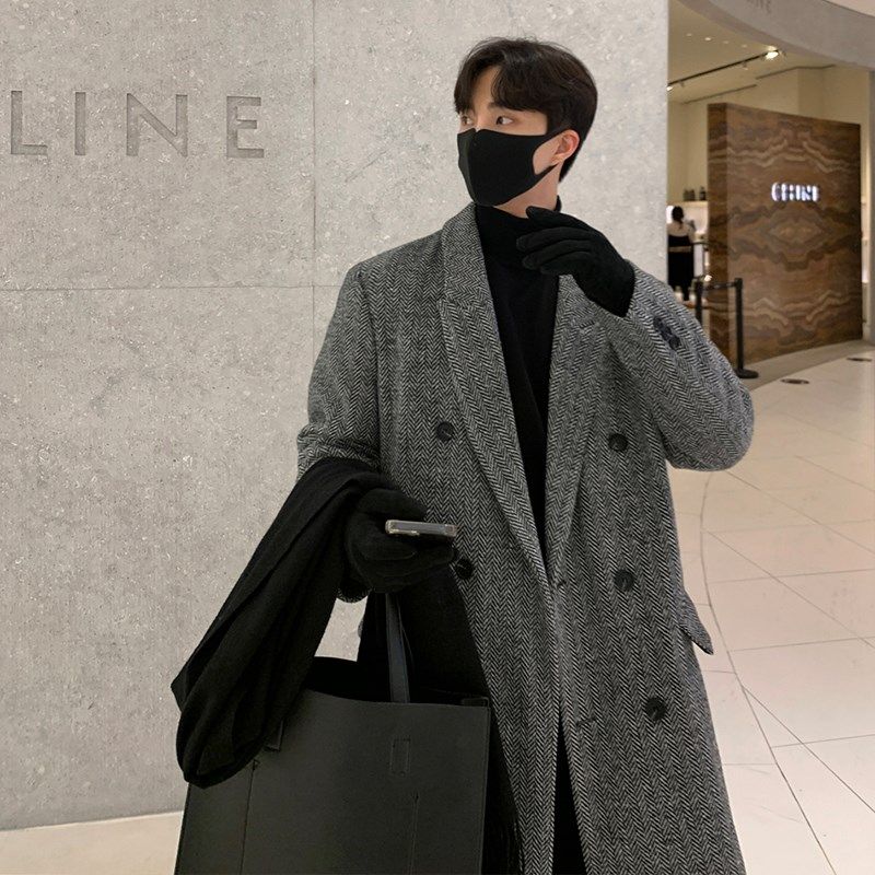 格子大衣男生中长款冬季加厚条纹毛呢英伦风男款风衣呢子男装外套