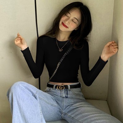 黑色短款打底衫女秋冬内搭可外穿纯棉修身长袖t恤小个子上衣新款