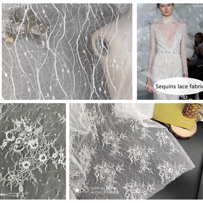 白色绣花亮片蕾丝面料网纱服装布料 DIY婚纱礼服走秀款连衣裙布料