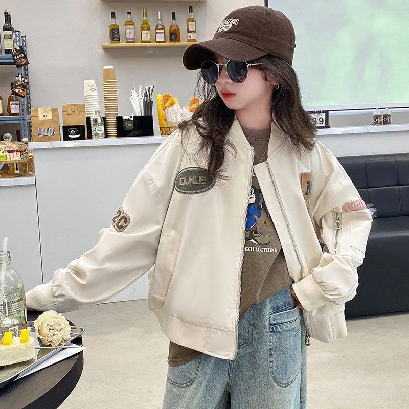 女童美式棒球服2024春季新款初中生宽松休闲字母立领夹克韩版外套