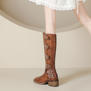 粗跟西部牛仔靴 长筒靴女2023新款马丁靴春秋单靴大尺码女靴41-4