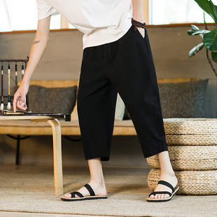 纯棉薄款 夏季 大码 宽松休闲亚麻裤 棉麻八分裤 潮流胖子七分裤 男士
