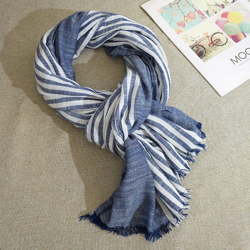 围巾男春秋薄新款棉麻文艺百搭时尚条纹丝巾学生长款护颈围脖防风