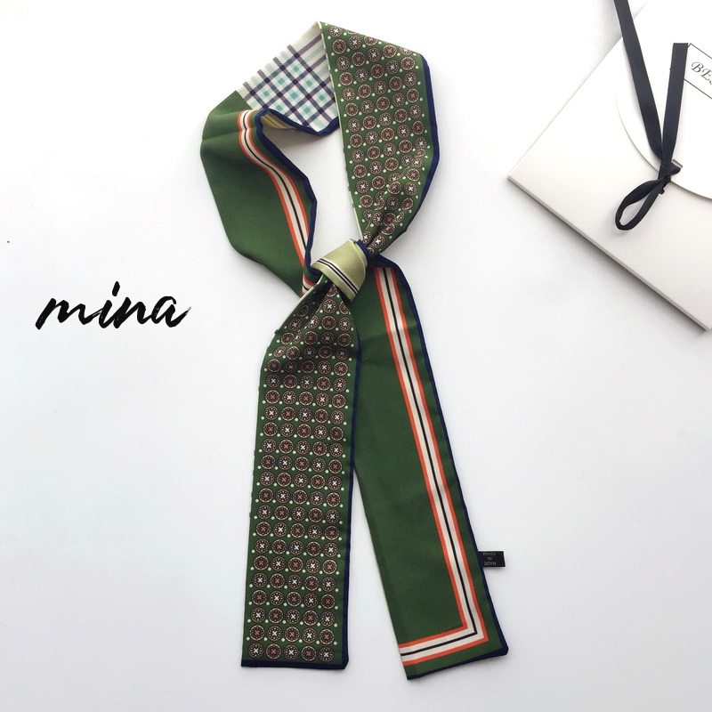 春秋韩国百搭复古丝带军绿拼接秋冬装饰细窄小长条小丝巾小领巾女