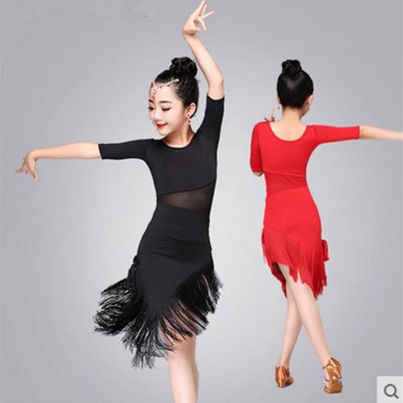 儿童拉丁舞裙流苏夏季女童舞蹈服比赛演出服装少儿练功服连体裙
