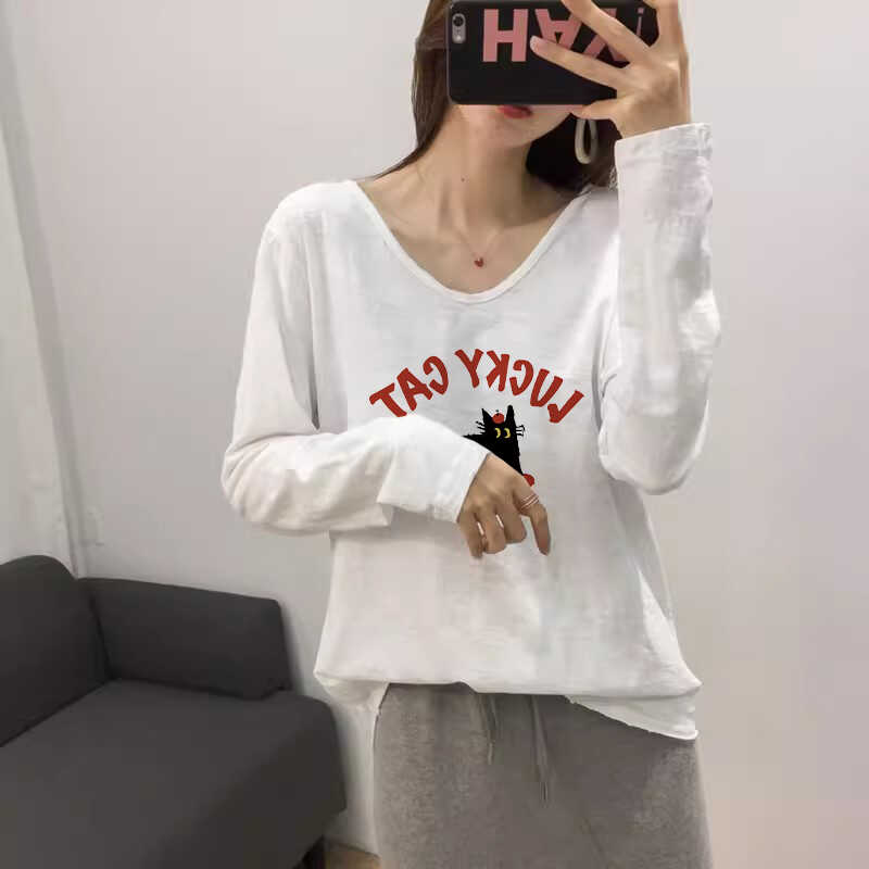 竹节棉长袖t恤女衣服新款2024爆款女v领白色宽松初秋上衣大码女装