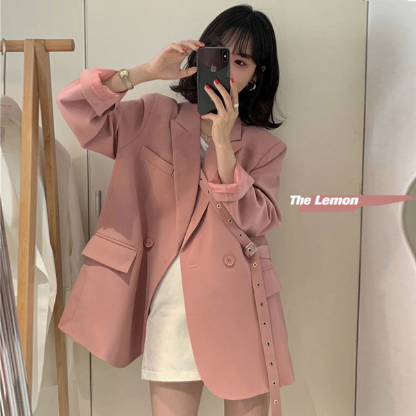 2021春秋新款韩版宽松港风西服休闲蓝色西装外套女设计感小众上衣